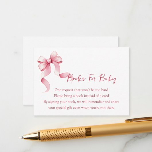 Books for Baby Pink Bow Baby Shower Begleitkarte (Vorderseite/Rückseite Beispiel)