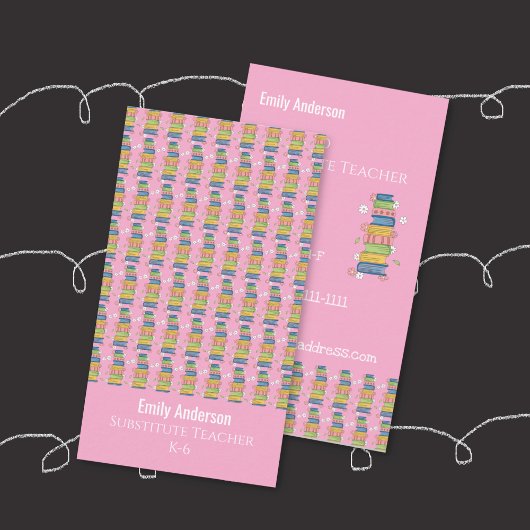 Books Pattern Tutor Pink Vertical Business Card Telefonnummerkarte