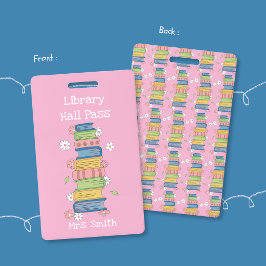 Bookstack and Flowers Pink Library Hall Pass Badge Ausweis