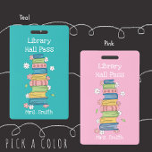 Bookstack and Flowers Teal Library Hall Pass Badge Ausweis