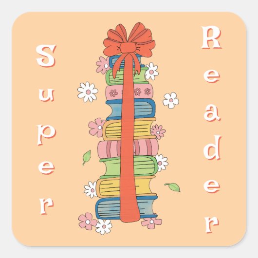 Bookstack mit Aufklebern des Red Bow Super Reader Quadratischer Aufkleber (Vorderseite)