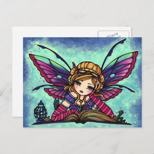 Bookworm Fairy Fantasy Art Postcard von Hannah Lyn Postkarte (Vorne/Hinten)