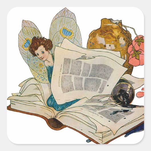 Bookworm Fairy Quadratischer Aufkleber (Vorderseite)