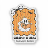 Bookworm Ghost Reading Retro Bow Creepin' It Real Aufkleber (Vorderseite)