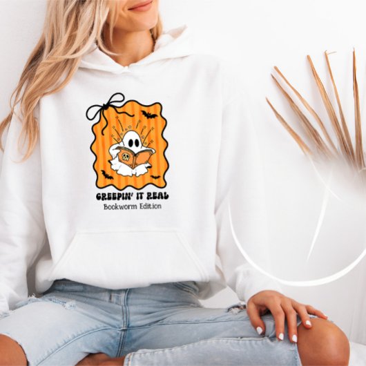 Bookworm Ghost Reading Retro Bow Creepin' It Real Hoodie