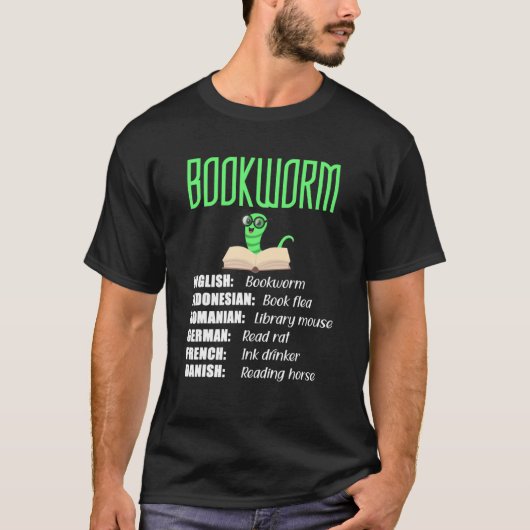 Bookworm mit Quirky-Übersetzungen rund um World Lo T-Shirt (Vorderseite)