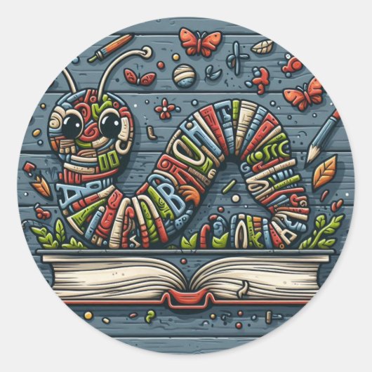 Bookworm - Niedliche Word Art Runder Aufkleber (Vorderseite)