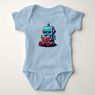 Bookworm Robot - Pixel Art SciFi Reading Design Baby Strampler
