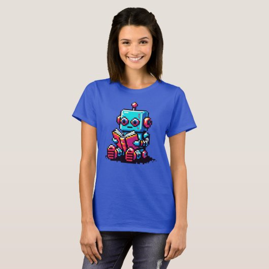 Bookworm Robot - Pixel Art SciFi Reading Design T-Shirt (Vorne ganz)