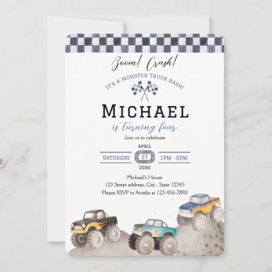 Boom Crash Monster Truck Bash Invite Einladung (Vorderseite)