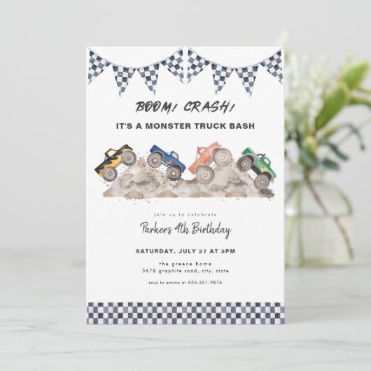 Boom Crash Monster Truck Birthday Einladung (Stehend Vorderseite)