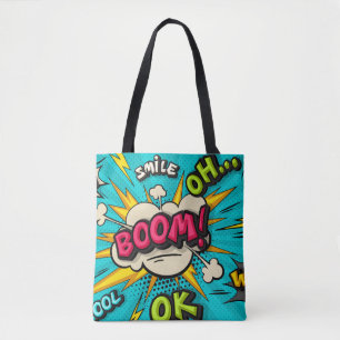 Boom-Pop-Art-Wolke Sprechblase. Lächeln, wow, pow, Tasche