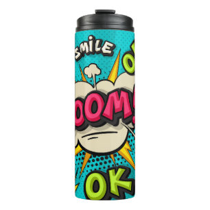 Boom-Pop-Art-Wolke Sprechblase. Lächeln, wow, pow, Thermosbecher