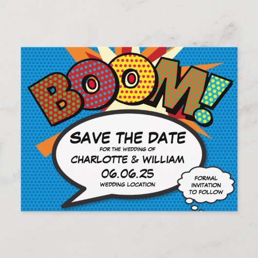 BOOM Save the Date Spaß Modern Einladungspostkarte (Vorderseite)