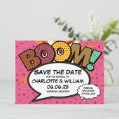 BOOM Save the Date Spaß Retro Comic Pop Kunst (Stehend Vorderseite)