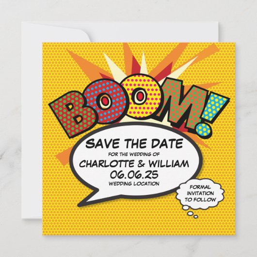 BOOM Save the Date Spaß Retro Comic Pop Kunst (Vorderseite)