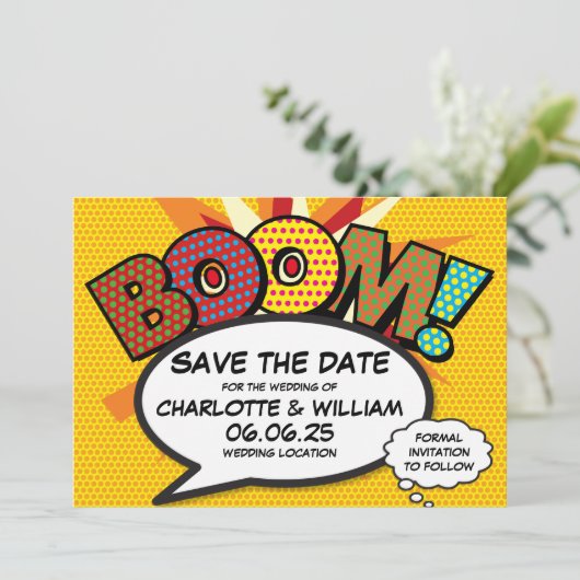 BOOM Save the Date Spaß Retro Comic Pop Kunst (Stehend Vorderseite)