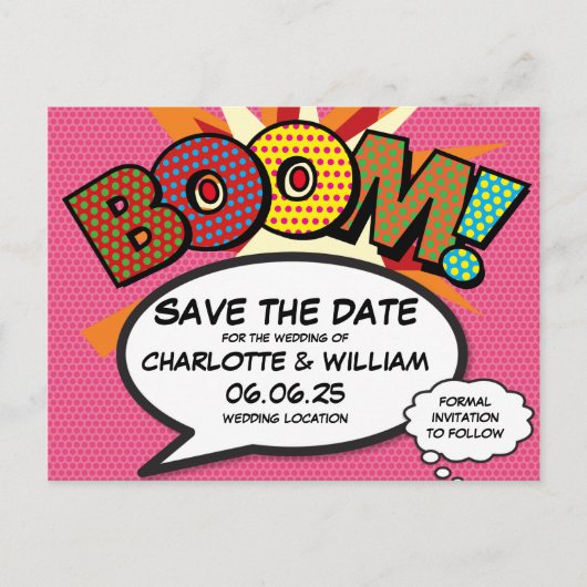 BOOM Save the Date Spaß Retro Comic Pop Kunst Ankündigungspostkarte (Vorderseite)