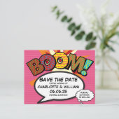 BOOM Save the Date Spaß Retro Comic Pop Kunst Ankündigungspostkarte (Stehend Vorderseite)