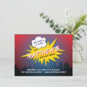 Boom Superhero Kindergeburtstag Party Einladung (Stehend Vorderseite)