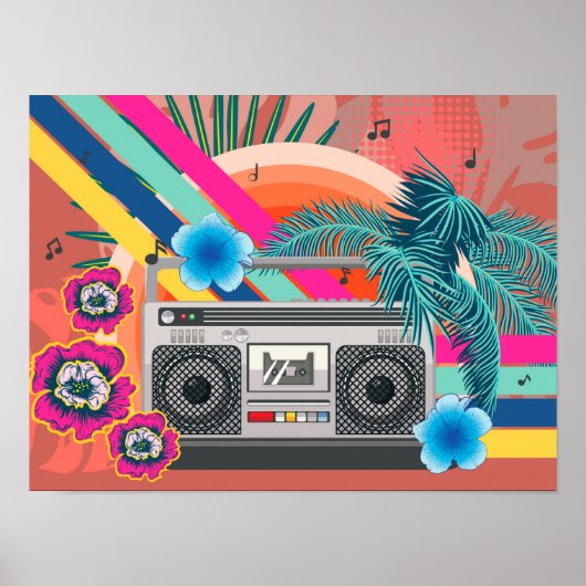Boombox mit tropischen Blätter und Blume Poster (Vorne)