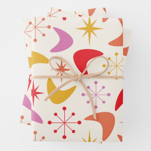 Boomerang Mitte des 20. Jahrhunderts mit Atomstars Geschenkpapier Set (Beispiel)