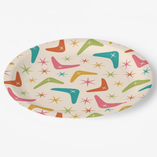 Boomerang Mitte des Jahrhunderts mit Retro-Sternex Pappteller (Schrägansicht)