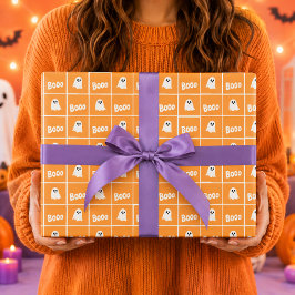 Booo Geister Orange Gitter Halloween-Muster Geschenkpapier