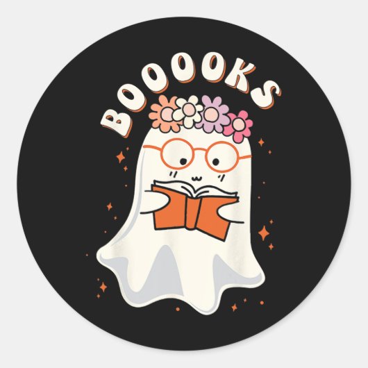 Booooks Groovy Cute Ghost Book Retro Reading Hallo Runder Aufkleber (Vorderseite)