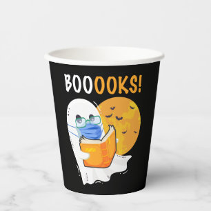 Booooks Halloween-Geist liest Bücher und trägt Pappbecher