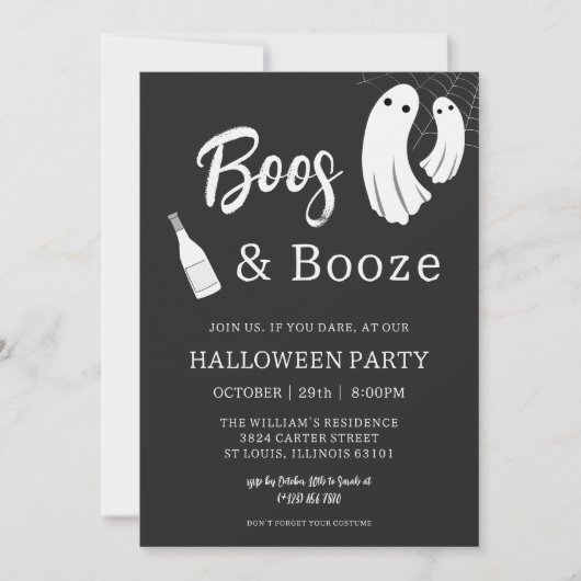 Boos & Booze Adult Halloween Chic Black Einladung (Vorderseite)