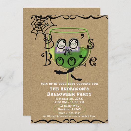 Boos & Booze Ghosts & Bats Kraft Halloween-Party Einladung (Vorne/Hinten)