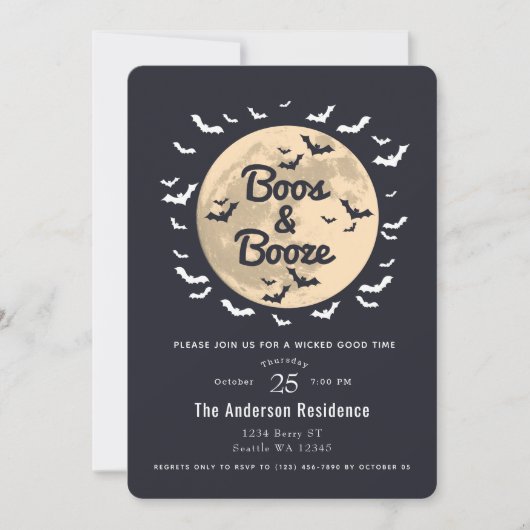 Boos & Booze Moon Bats Erwachsenes Halloween-Party Einladung (Vorderseite)