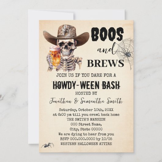 Boos & Brews Halloween Skull Bierbrauen Howdyween Einladung (Vorderseite)