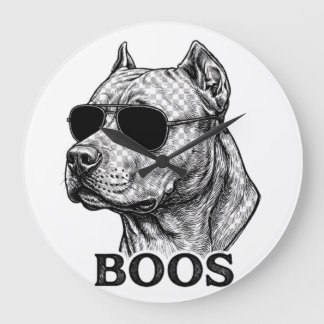 BOOS Pitbull mit Sonnenbrille Tinten-Skizzen-Tatto Große Wanduhr