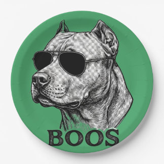BOOS Pitbull mit Sonnenbrille Tinten-Skizzen-Tatto Pappteller