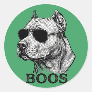 BOOS Pitbull mit Sonnenbrille Tinten-Skizzen-Tatto Runder Aufkleber
