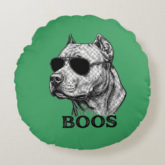 BOOS Pitbull mit Sonnenbrille Tinten-Skizzen-Tatto Rundes Kissen