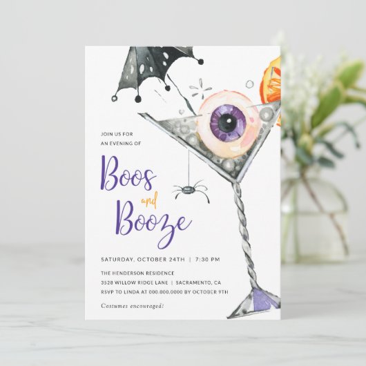 Boos und Booze Adulf Halloween Cocktail Party Einladung (Stehend Vorderseite)