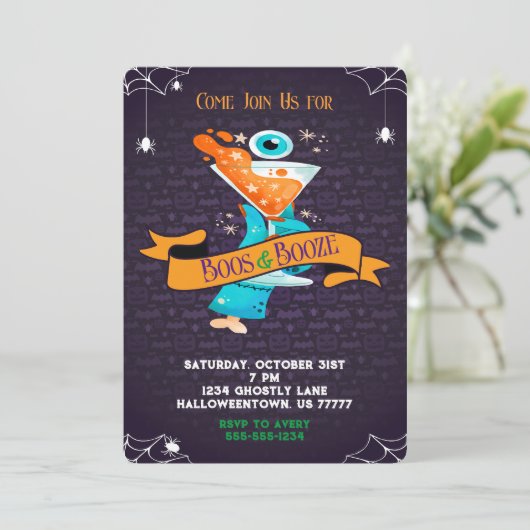 Boos und Booze Adulf Halloween Cocktail Party Einladung (Stehend Vorderseite)