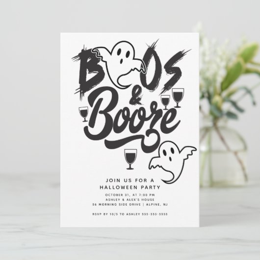 Boos und Booze Adult Halloween-Party Einladung (Stehend Vorderseite)