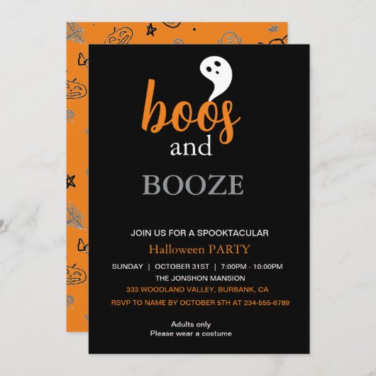 Boos und Booze Black Orange Adult Halloween-Party Einladung (Vorne/Hinten)