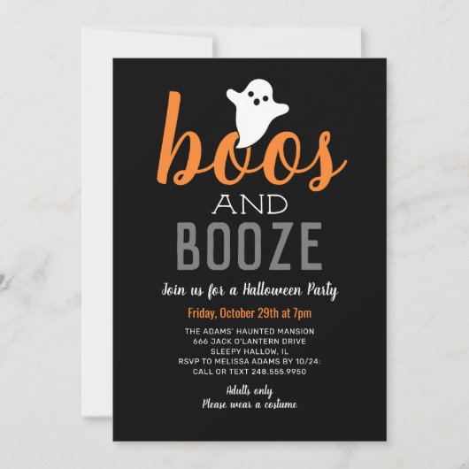 Boos und Booze Black Orange Adult Halloween-Party Einladung (Vorderseite)