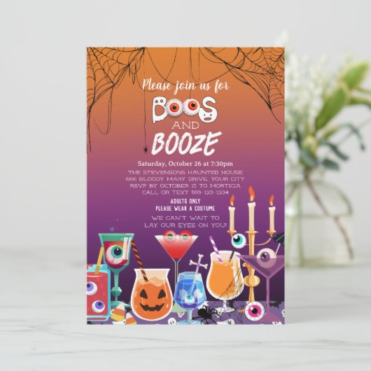 Boos und Booze Eyeballs Halloween-Party Einladung (Stehend Vorderseite)
