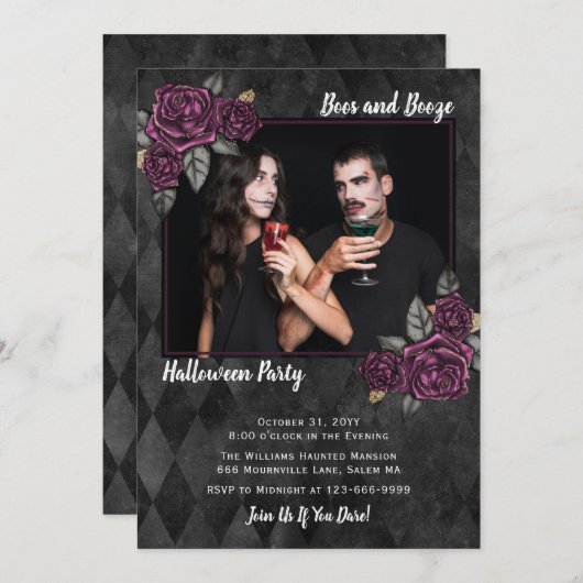 Boos und Booze Gothic Rose Foto Halloween Einladung (Vorne/Hinten)