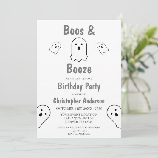 Boos und Booze Halloween Geburtstagsparty Einladung (Stehend Vorderseite)