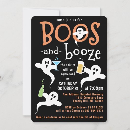 Boos und Booze Halloween-Party Niedlich Spooky Gho Einladung (Vorderseite)