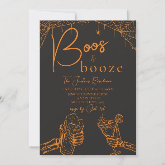 Boos und Booze Halloween Skelett Party Orange Einladung (Vorderseite)