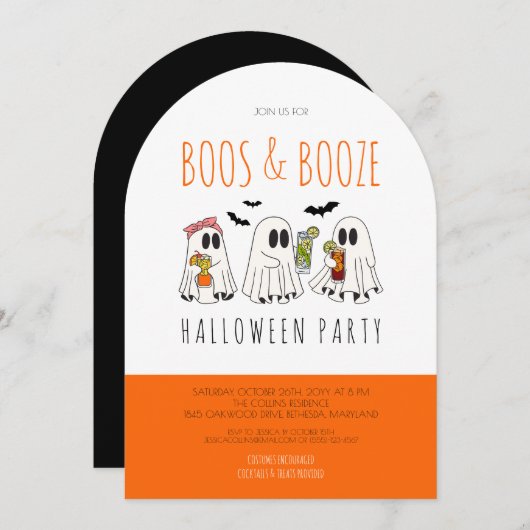Boos und Booze Quote Ghost Adult Halloween-Party Einladung (Vorne/Hinten)