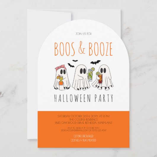 Boos und Booze Quote Ghost Adult Halloween-Party Einladung (Vorderseite)